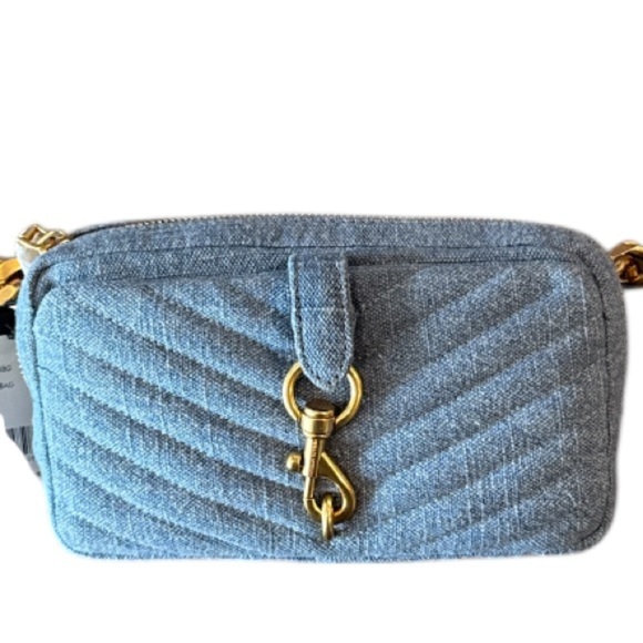 Rebecca Minkoff Eddie Blue Denim Chevron Quilted Gold Chain Belt Bag NWT - Picture 6 of 16